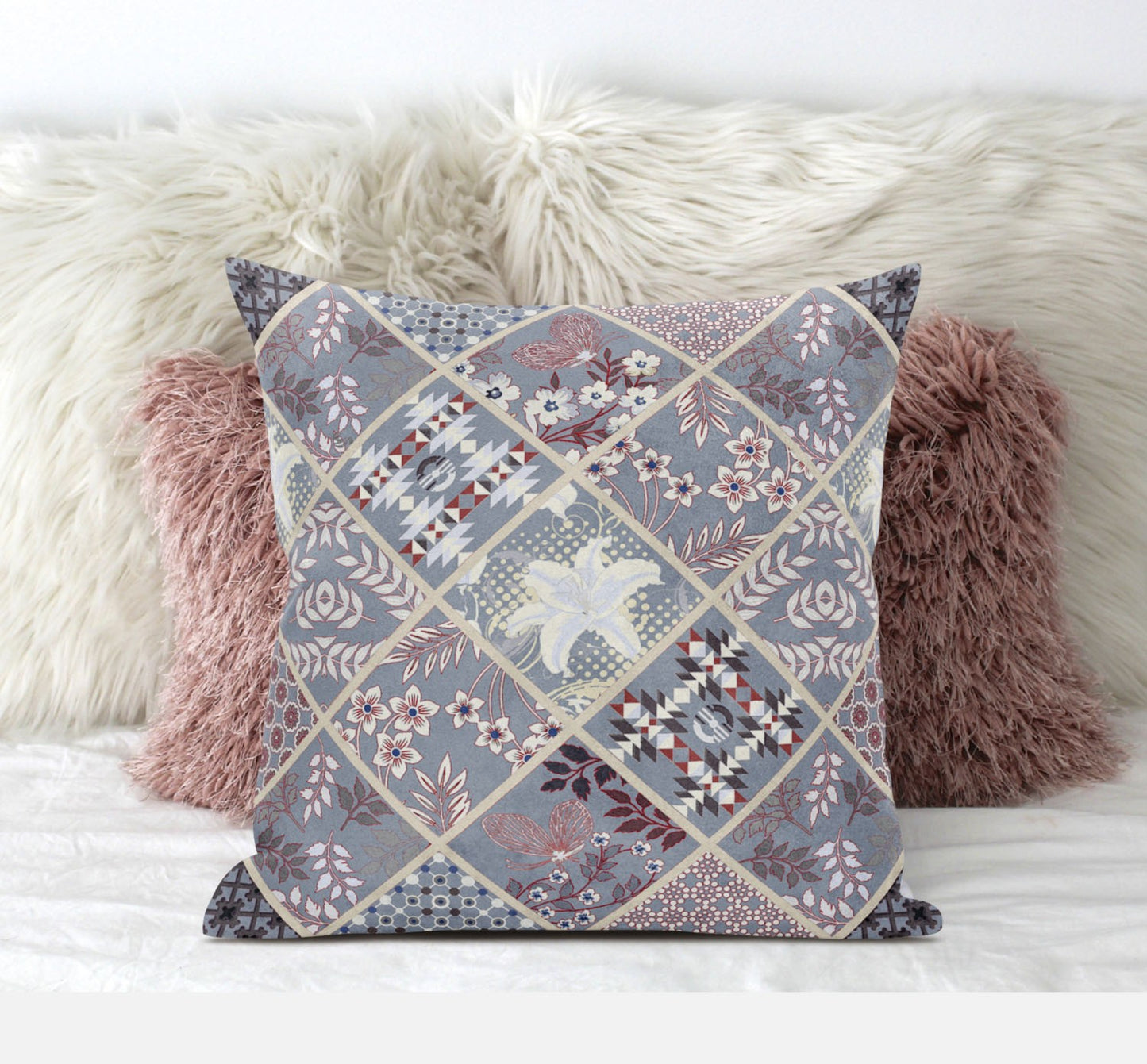 Gray Pink Patch Suede Pillow