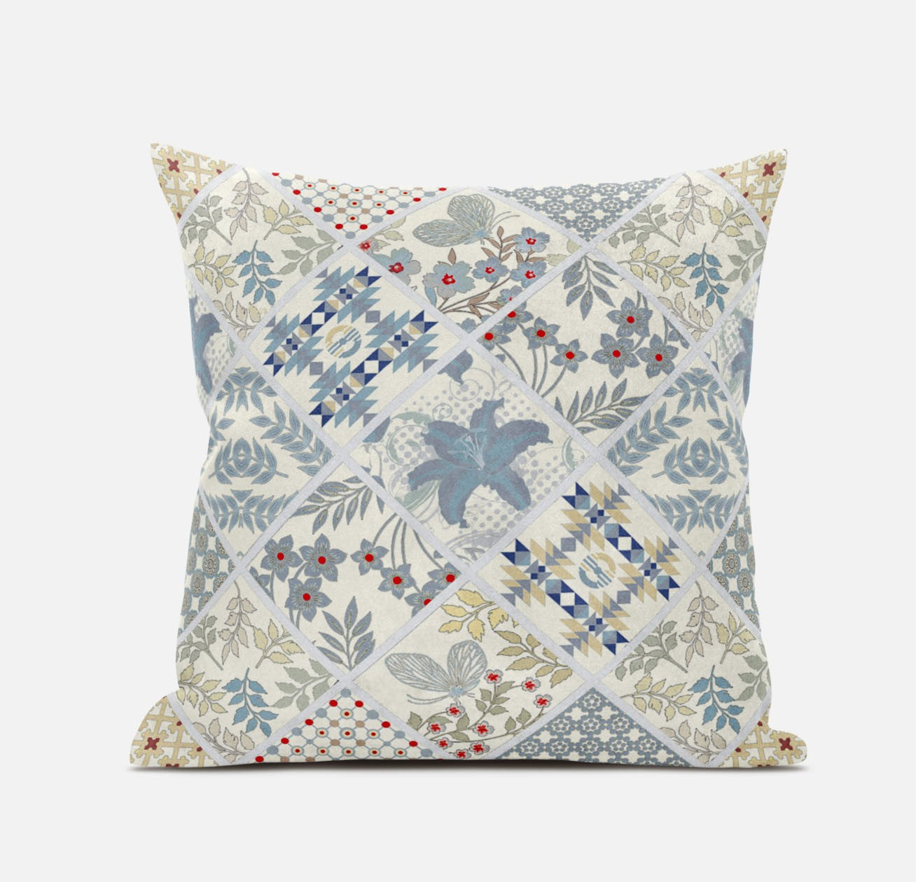White Blue Patch Suede Pillow
