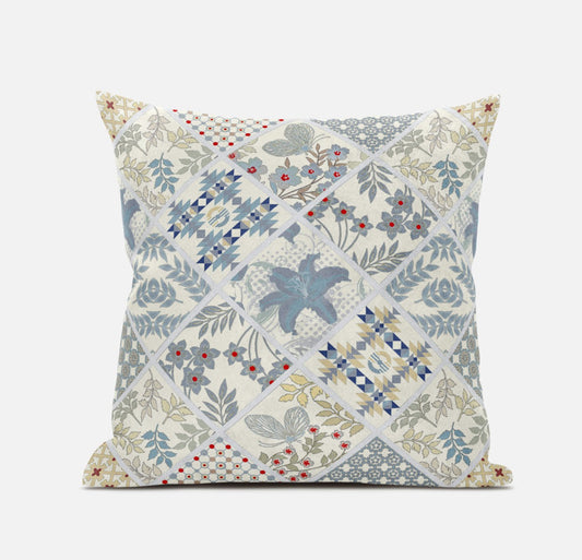 White Blue Patch Suede Pillow