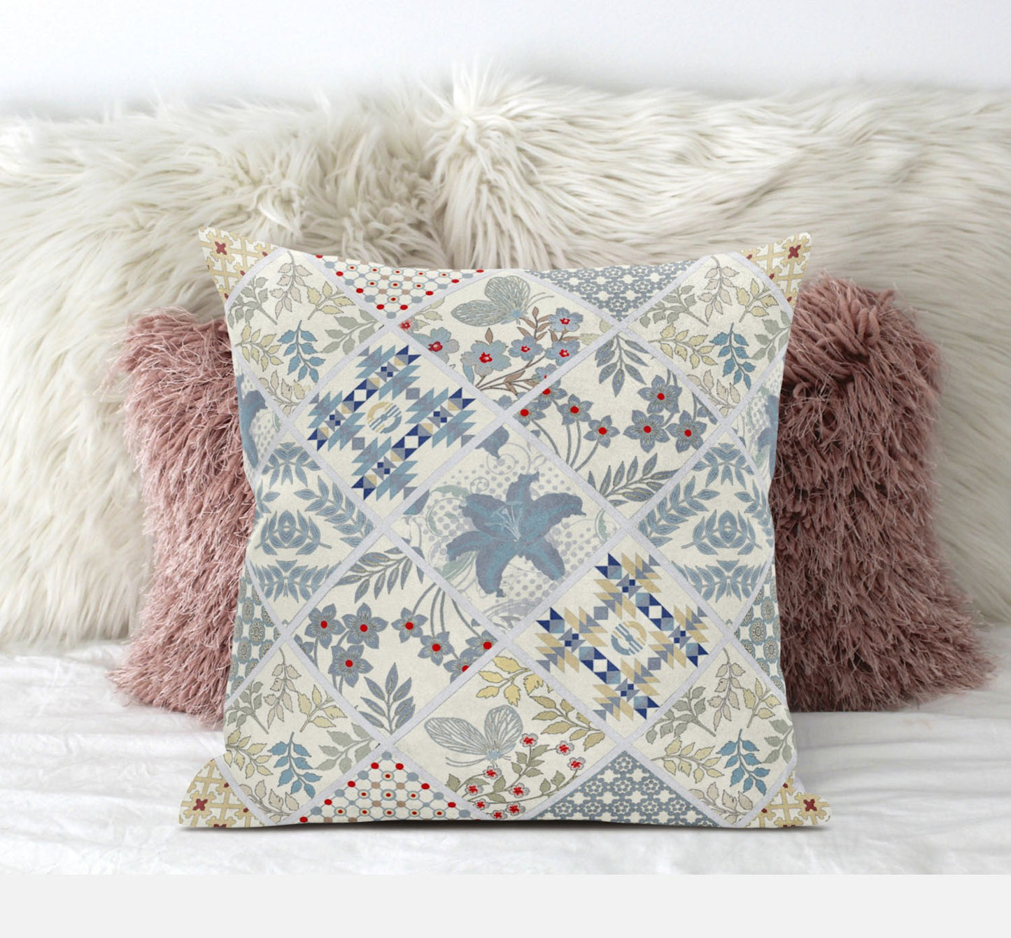 White Blue Patch Suede Pillow