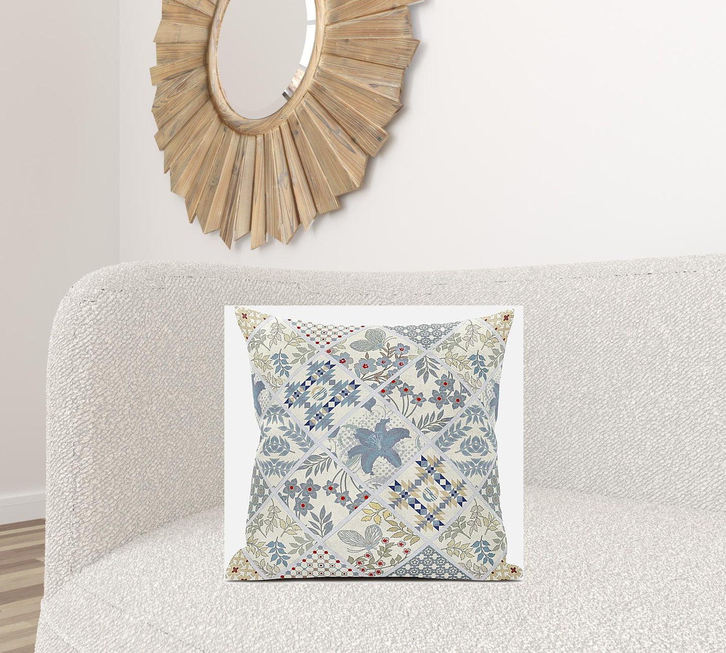 White Blue Patch Suede Pillow