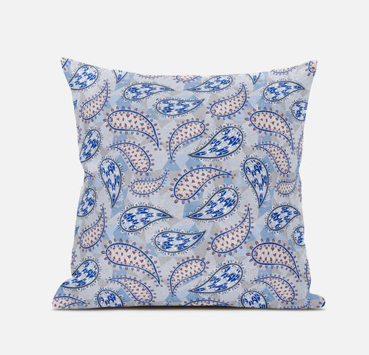 Blue Gray Boho Paisley Suede Pillow