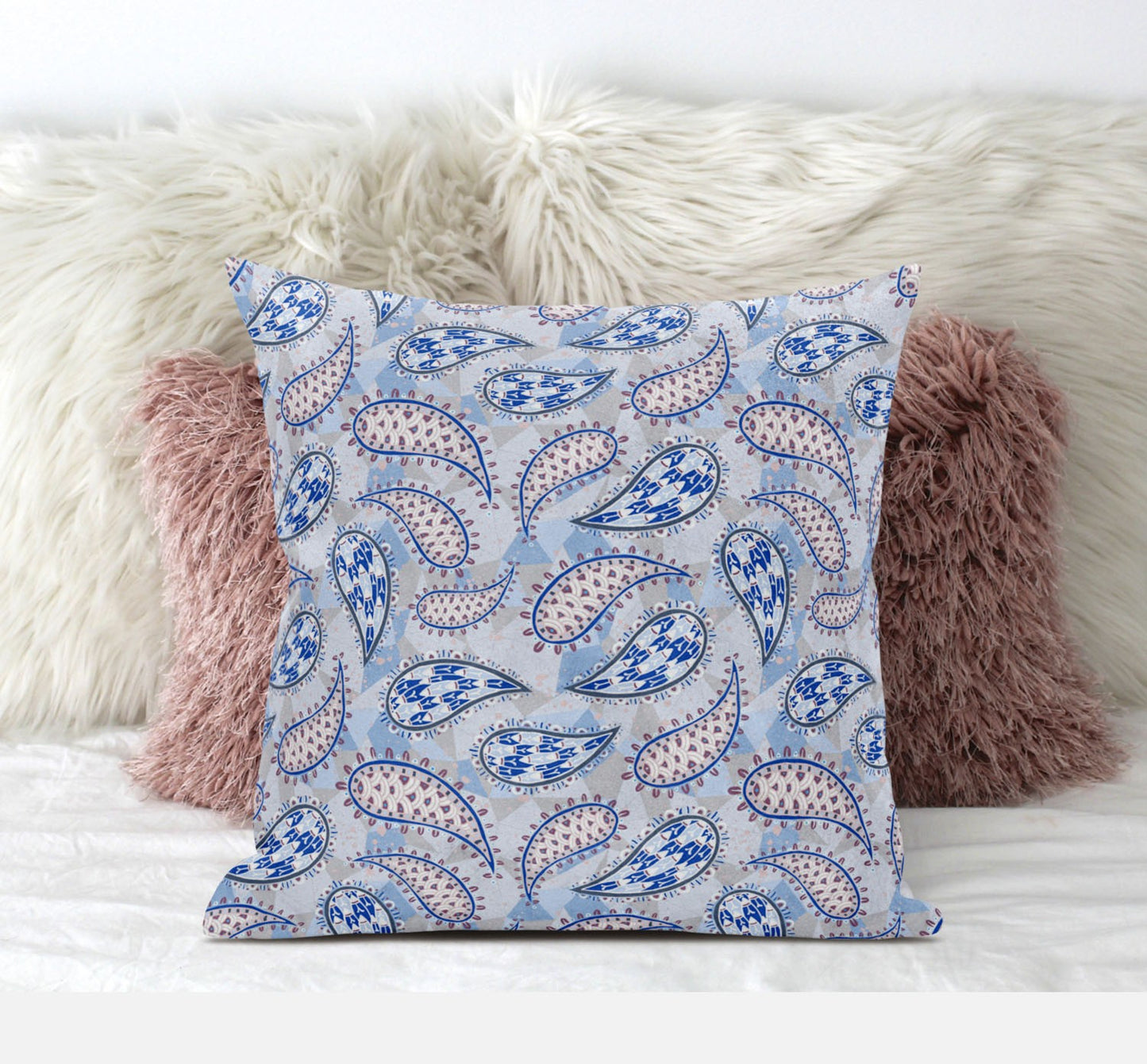 Blue Gray Boho Paisley Suede Pillow