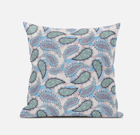 Blue Green Boho Paisley Suede Pillow