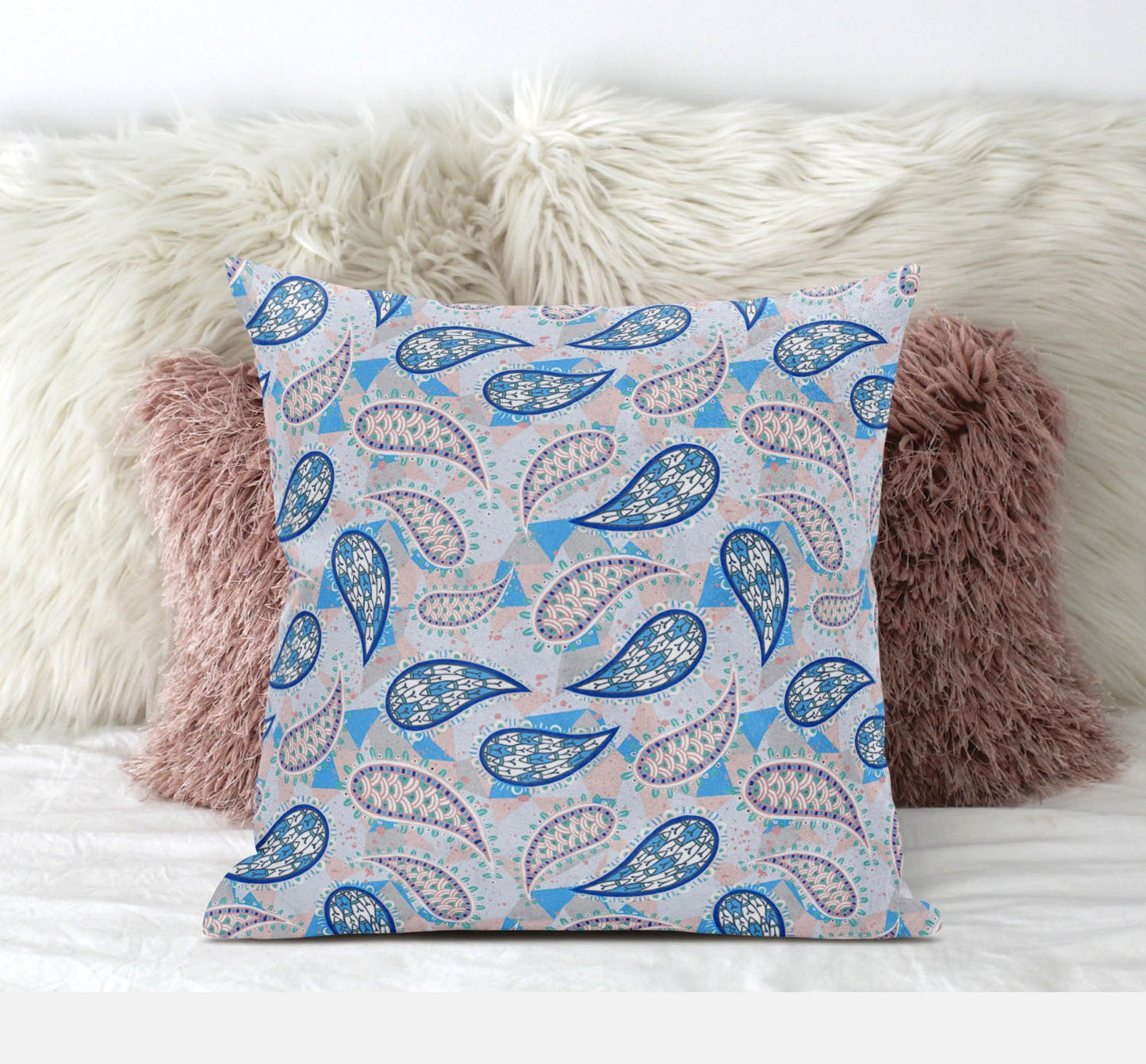 Blue Peach Boho Paisley Suede Pillow