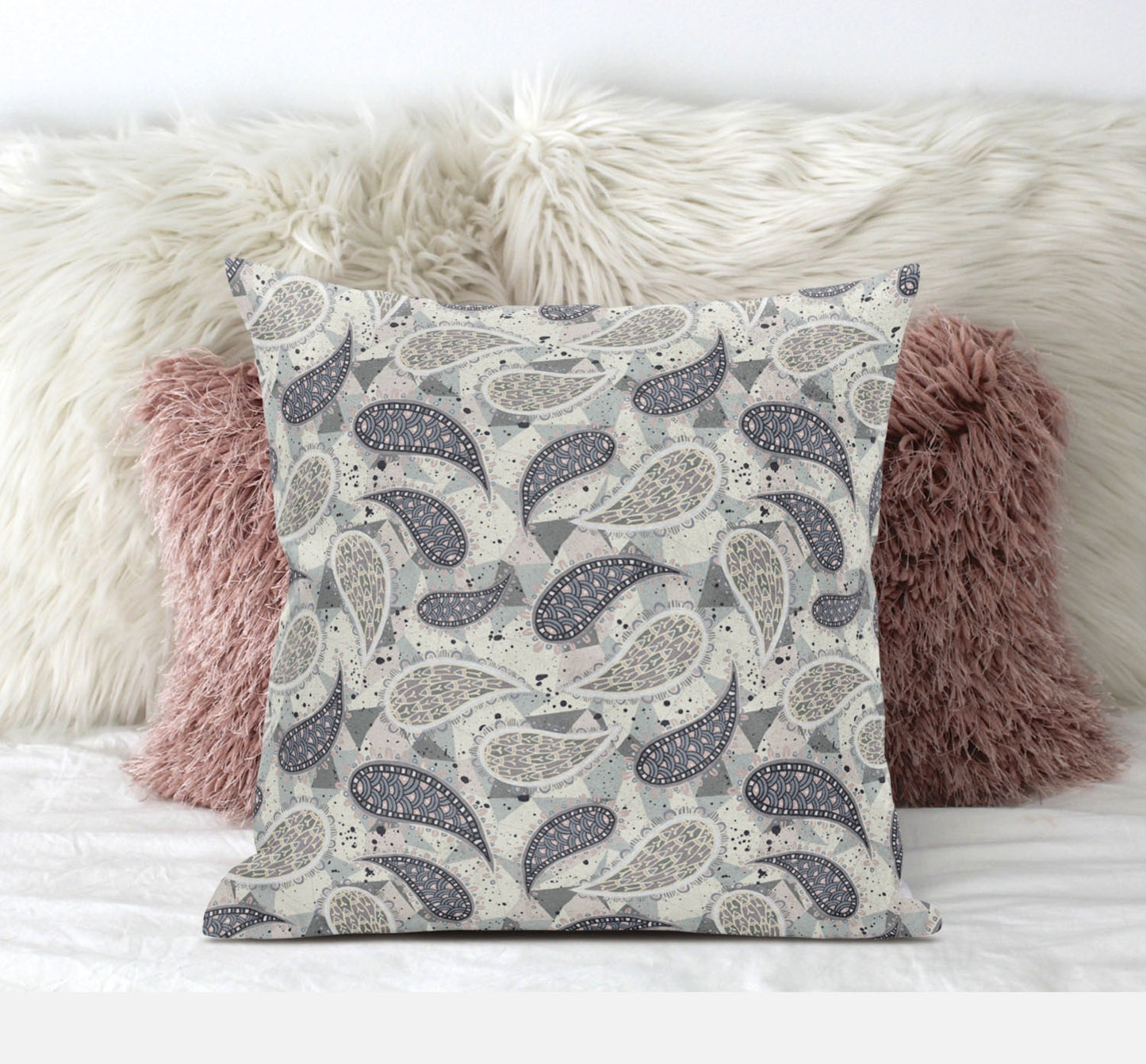 Gray Cream Boho Paisley Suede Pillow