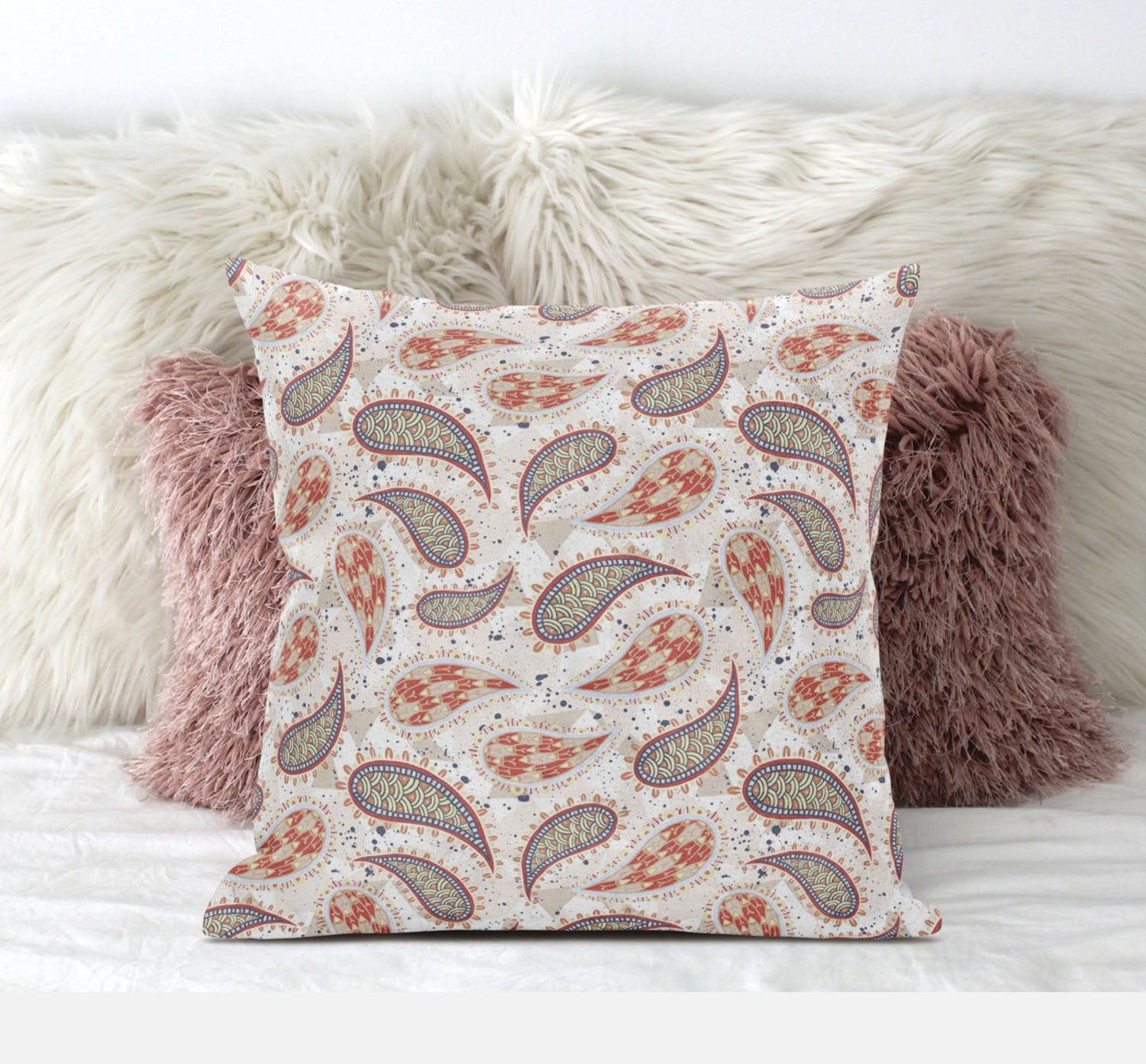 Red Beige Boho Paisley Suede Pillow