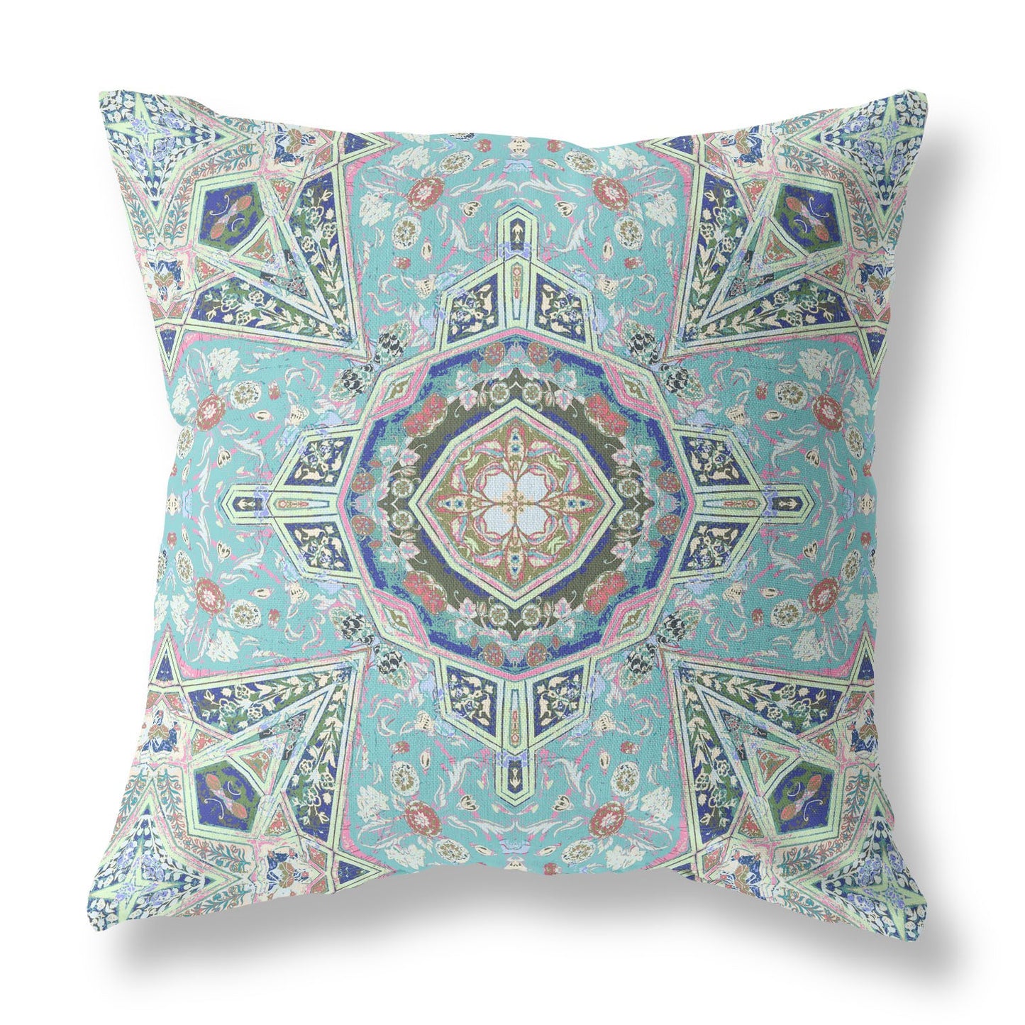 Aqua Blue Floral Geometric Suede Pillow
