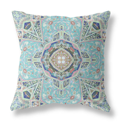 Aqua Blue Floral Geometric Suede Pillow