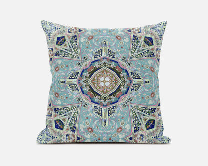Aqua Blue Floral Geometric Suede Pillow
