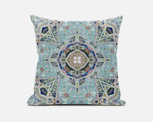 Aqua Blue Floral Geometric Suede Pillow