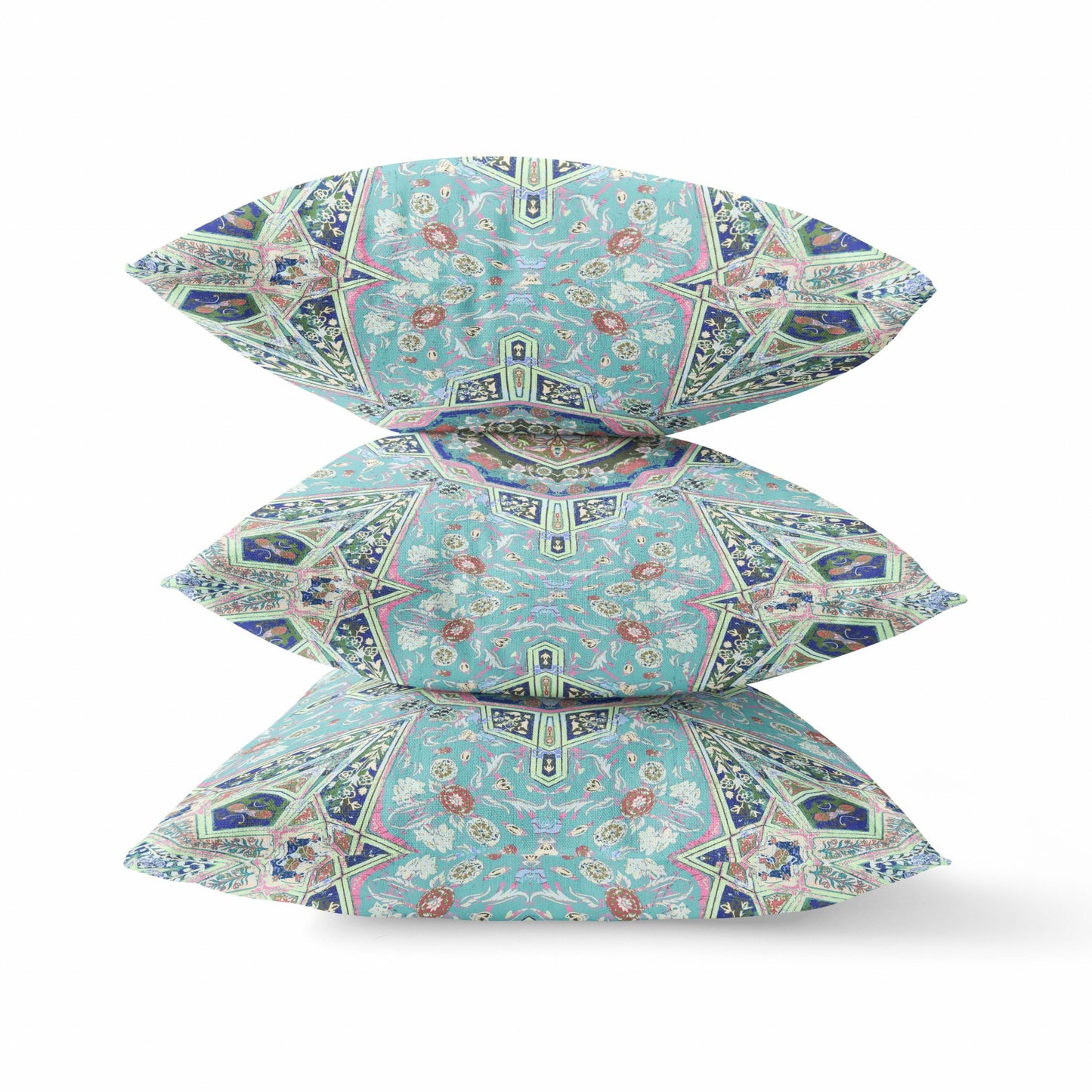 Aqua Blue Floral Geometric Suede Pillow