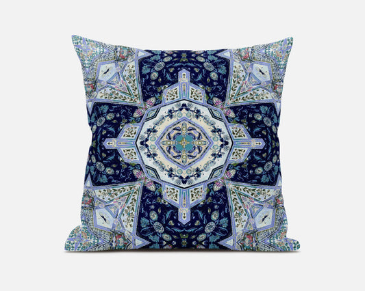 Indigo Blue Boho Floral Geo Suede Pillow
