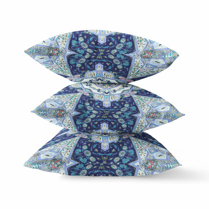 Indigo Blue Boho Floral Geo Suede Pillow