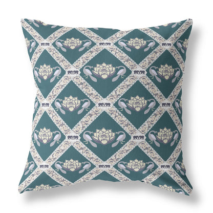 Dark Green Yellow Gray Lotus Floral Suede Pillow