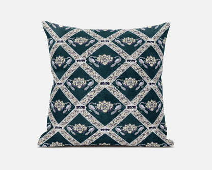Dark Green Yellow Gray Lotus Floral Suede Pillow
