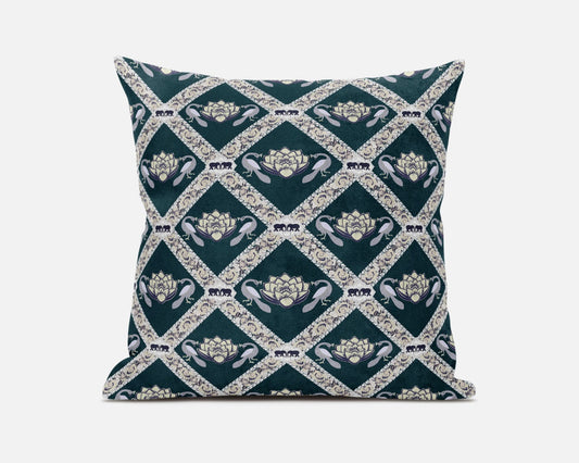 Dark Green Yellow Gray Lotus Floral Suede Pillow