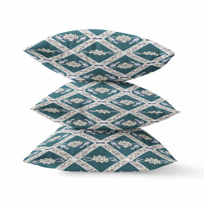 Dark Green Yellow Gray Lotus Floral Suede Pillow