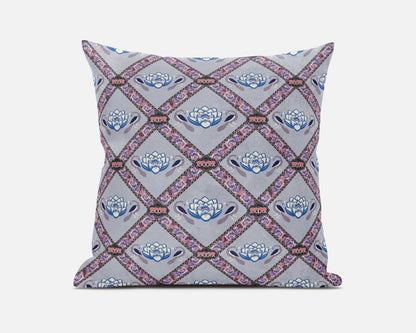 Gray Blue Pink Lotus Floral Suede Pillow