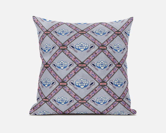 Gray Blue Pink Lotus Floral Suede Pillow