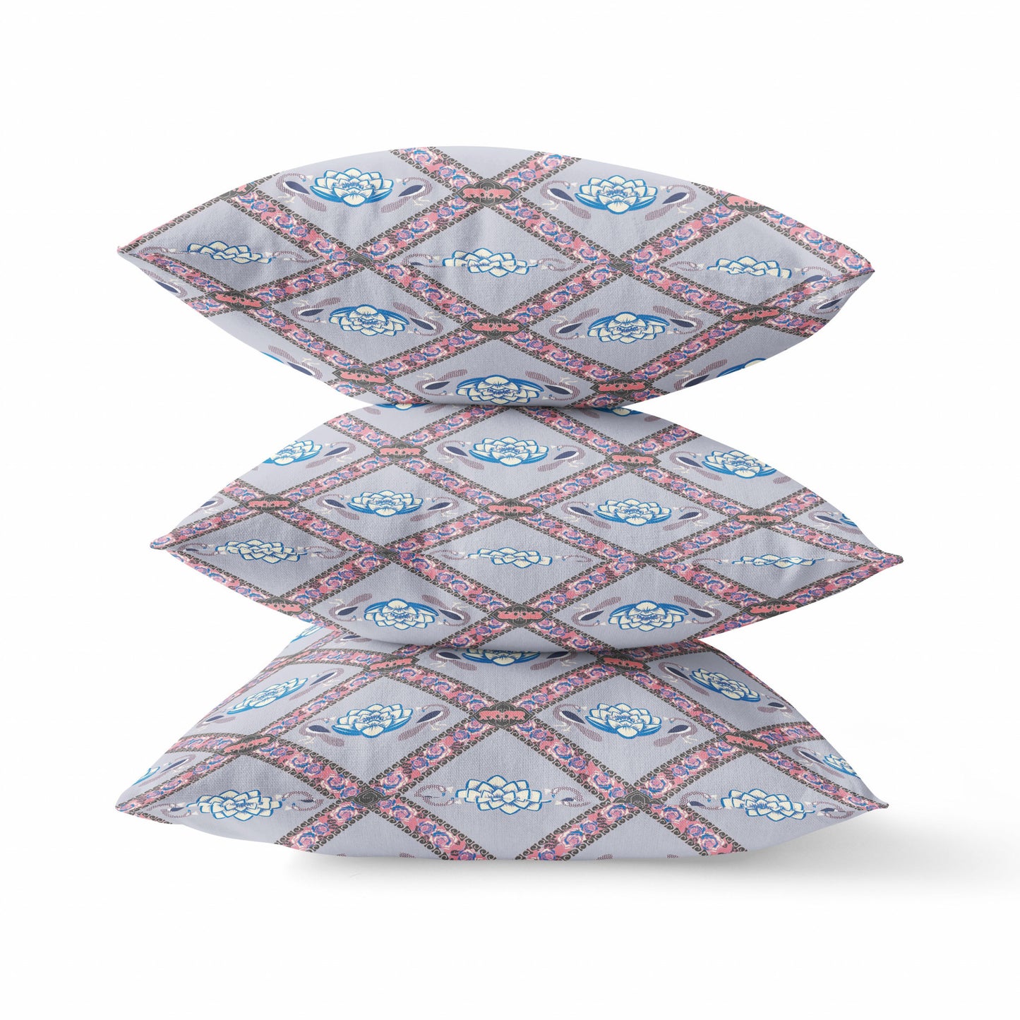 Gray Blue Pink Lotus Floral Suede Pillow
