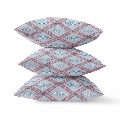 Gray Blue Pink Lotus Floral Suede Pillow