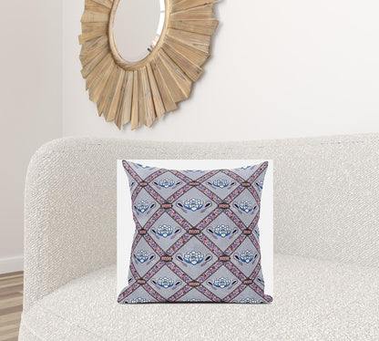 Gray Blue Pink Lotus Floral Suede Pillow