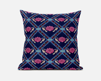 Indigo Pink Lotus Floral Suede Pillow