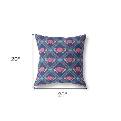 Indigo Pink Lotus Floral Suede Pillow