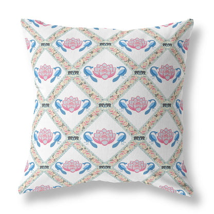 White Blue Gray Lotus Floral Suede Pillow