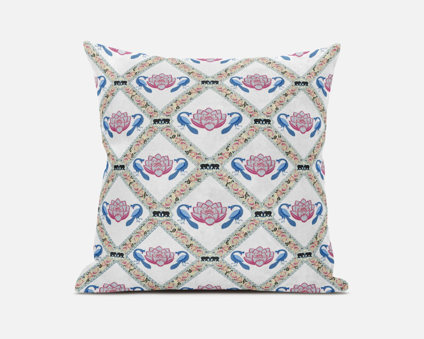 White Blue Gray Lotus Floral Suede Pillow