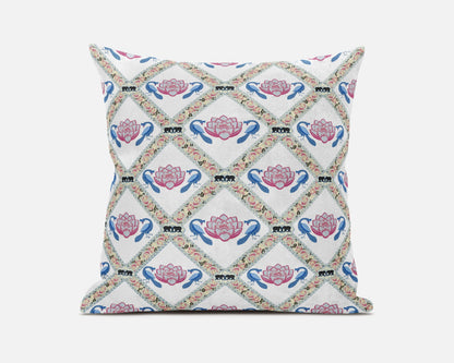 White Blue Gray Lotus Floral Suede Pillow