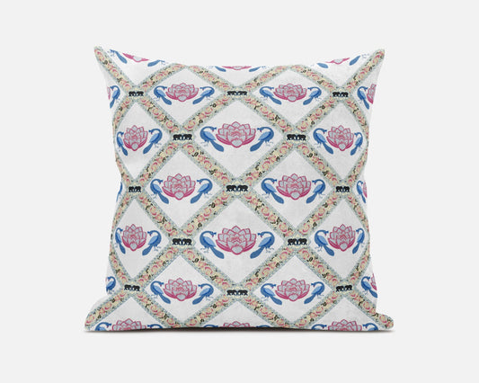 White Blue Gray Lotus Floral Suede Pillow