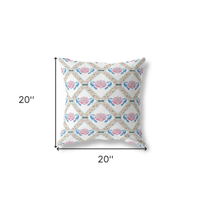 White Blue Gray Lotus Floral Suede Pillow
