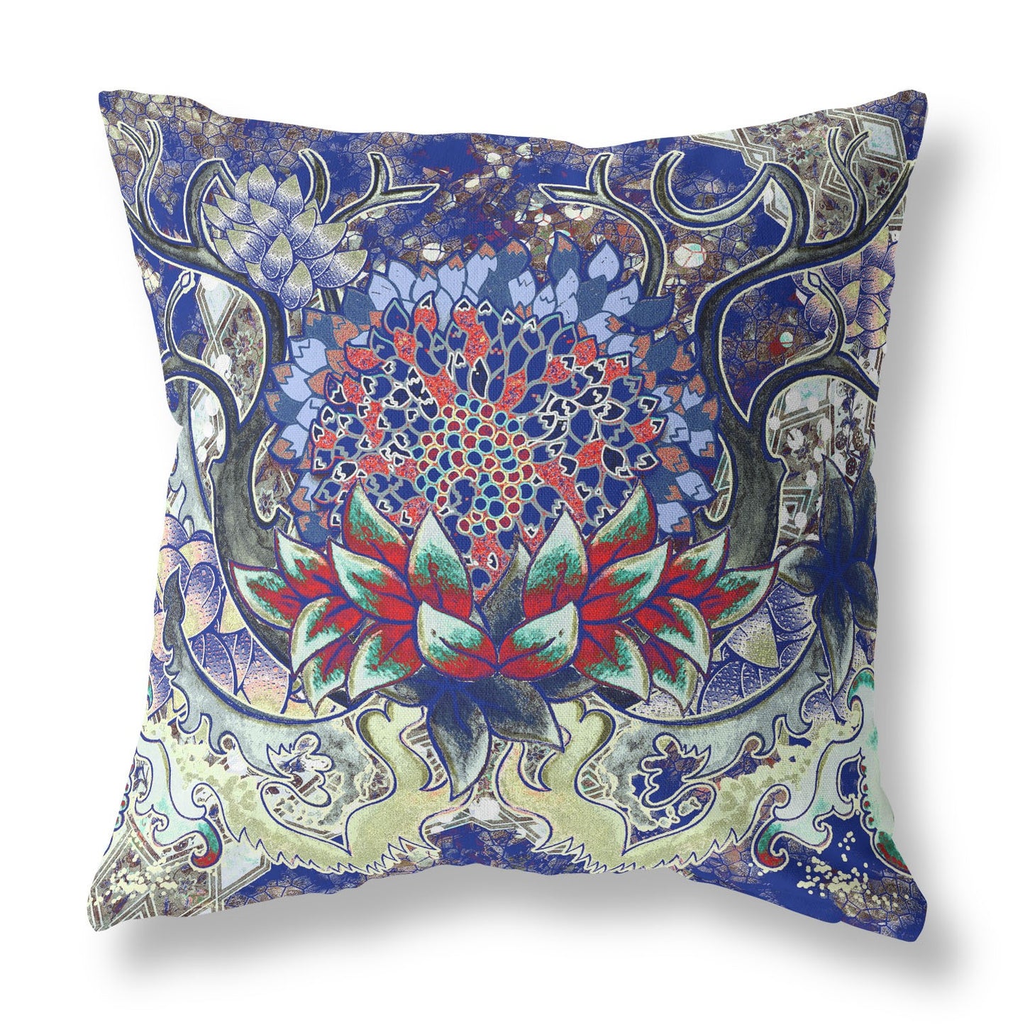 Blue Red Flower Bloom Suede Pillow