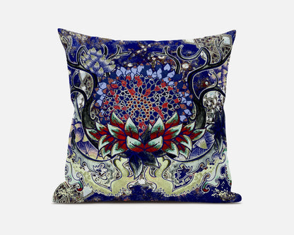 Blue Red Flower Bloom Suede Pillow
