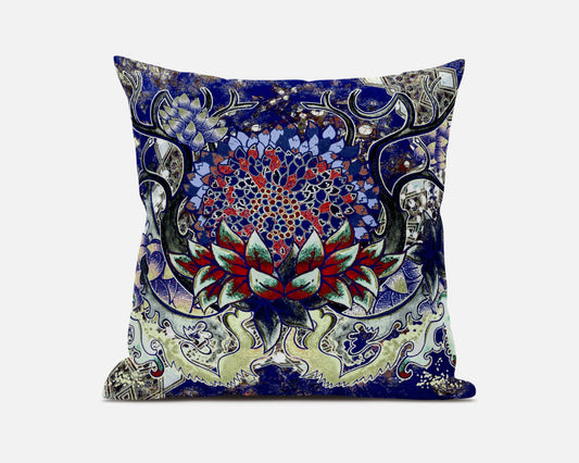 Blue Red Flower Bloom Suede Pillow