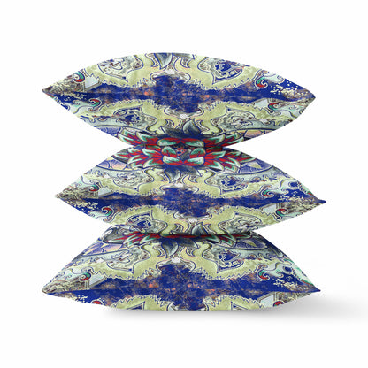 Blue Red Flower Bloom Suede Pillow