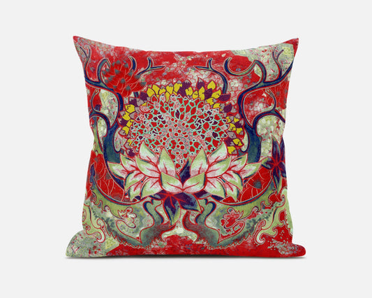 Red Green Flower Bloom Suede Pillow