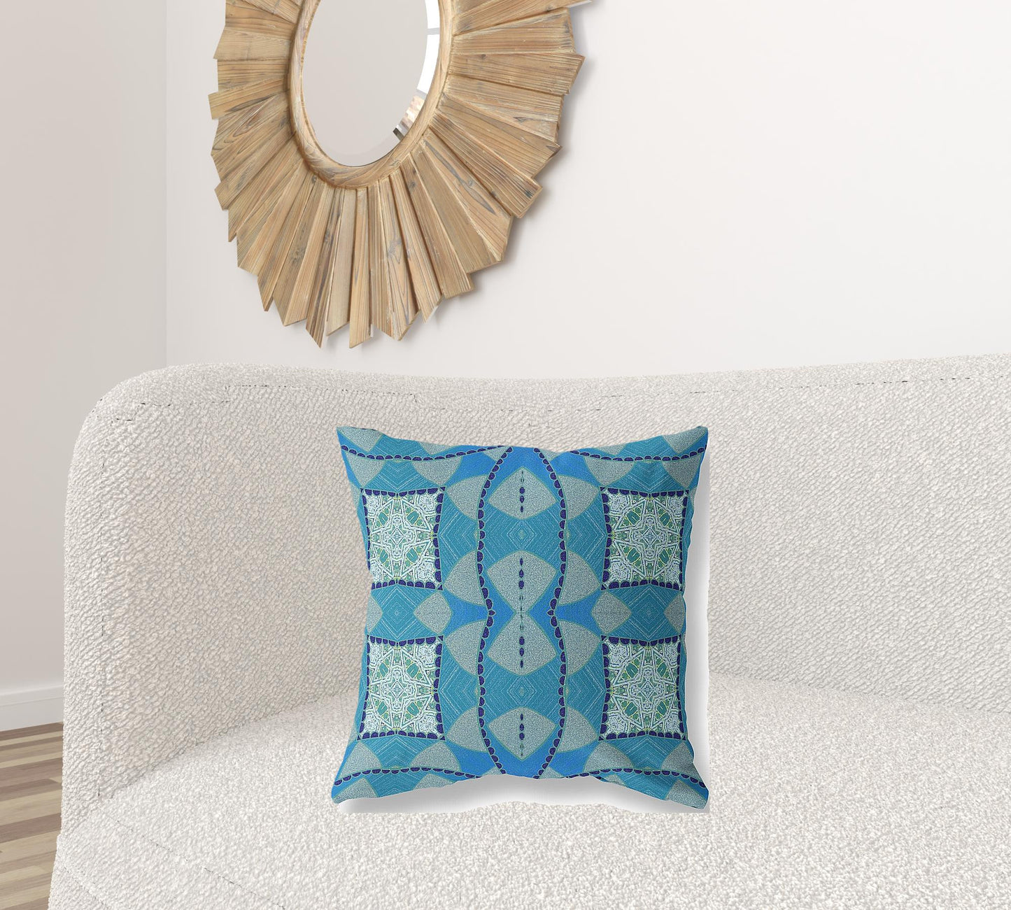 Aqua Sky Blue Cosmic Circle Boho Suede Pillow