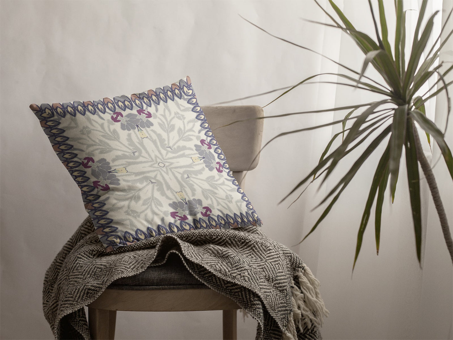 Gray Floral Frame Suede Pillow