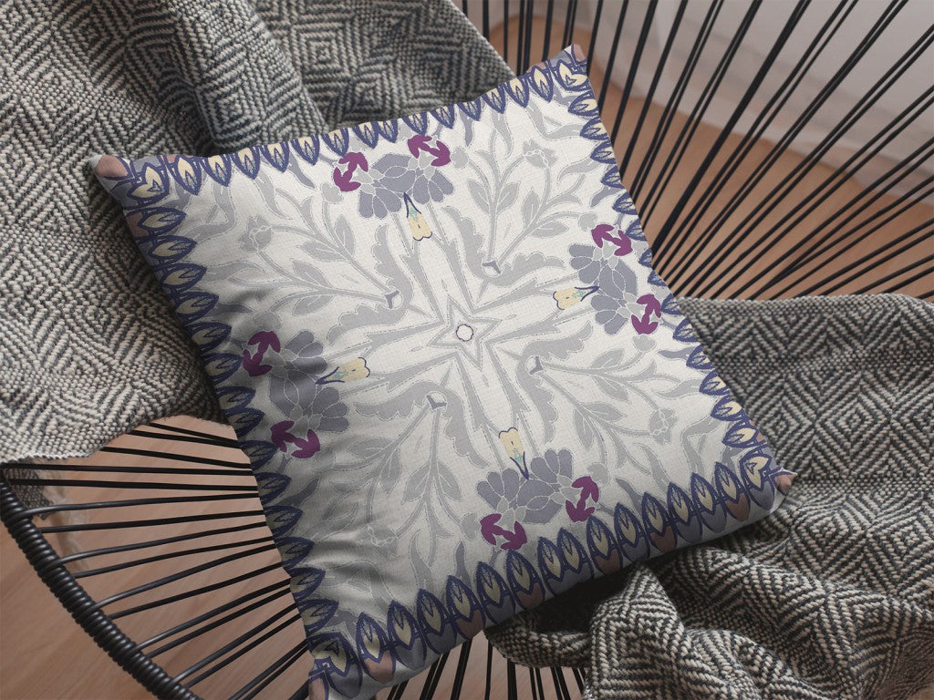 Gray Floral Frame Suede Pillow