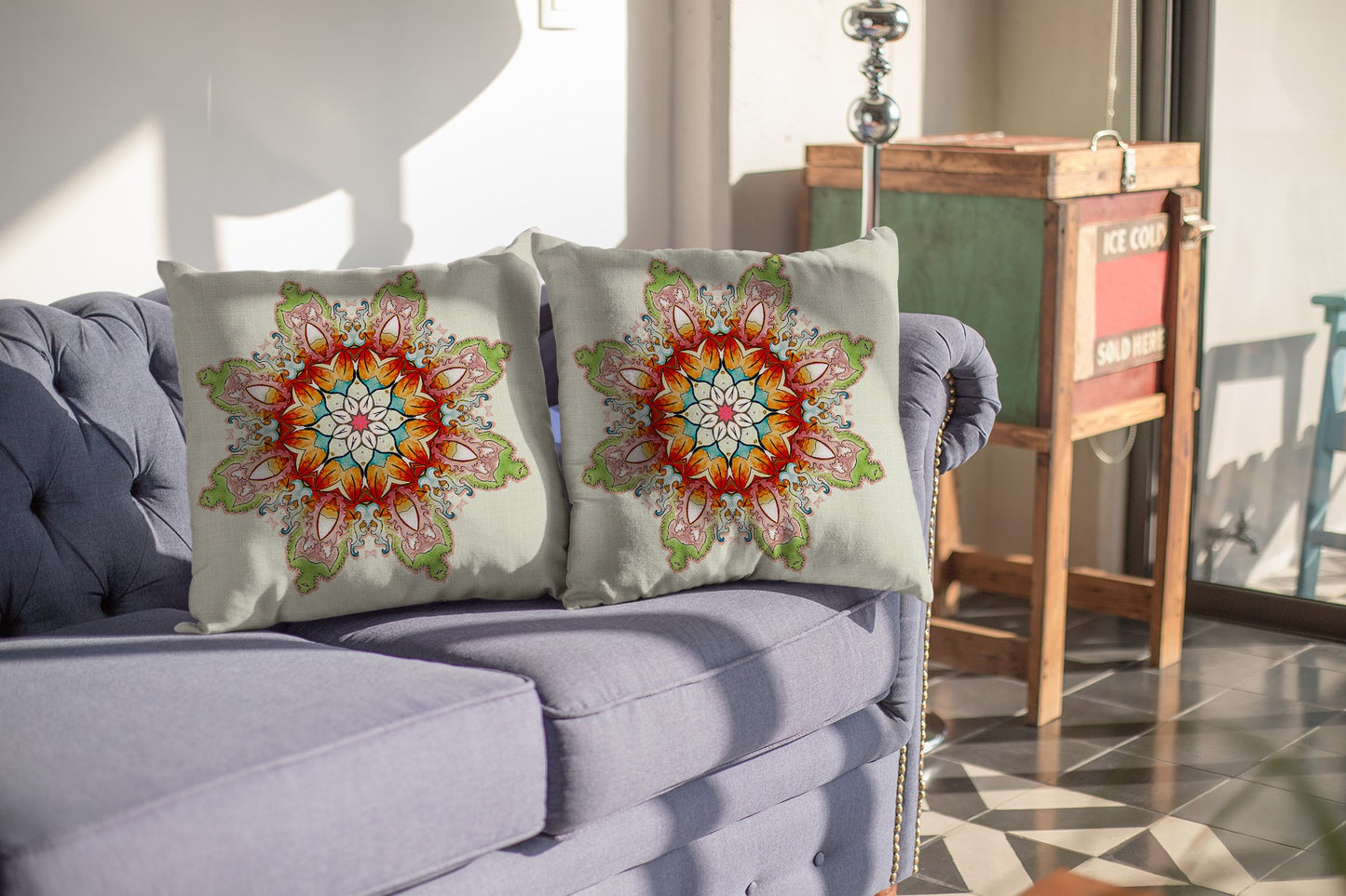 Orange Green Mandala Suede Pillow