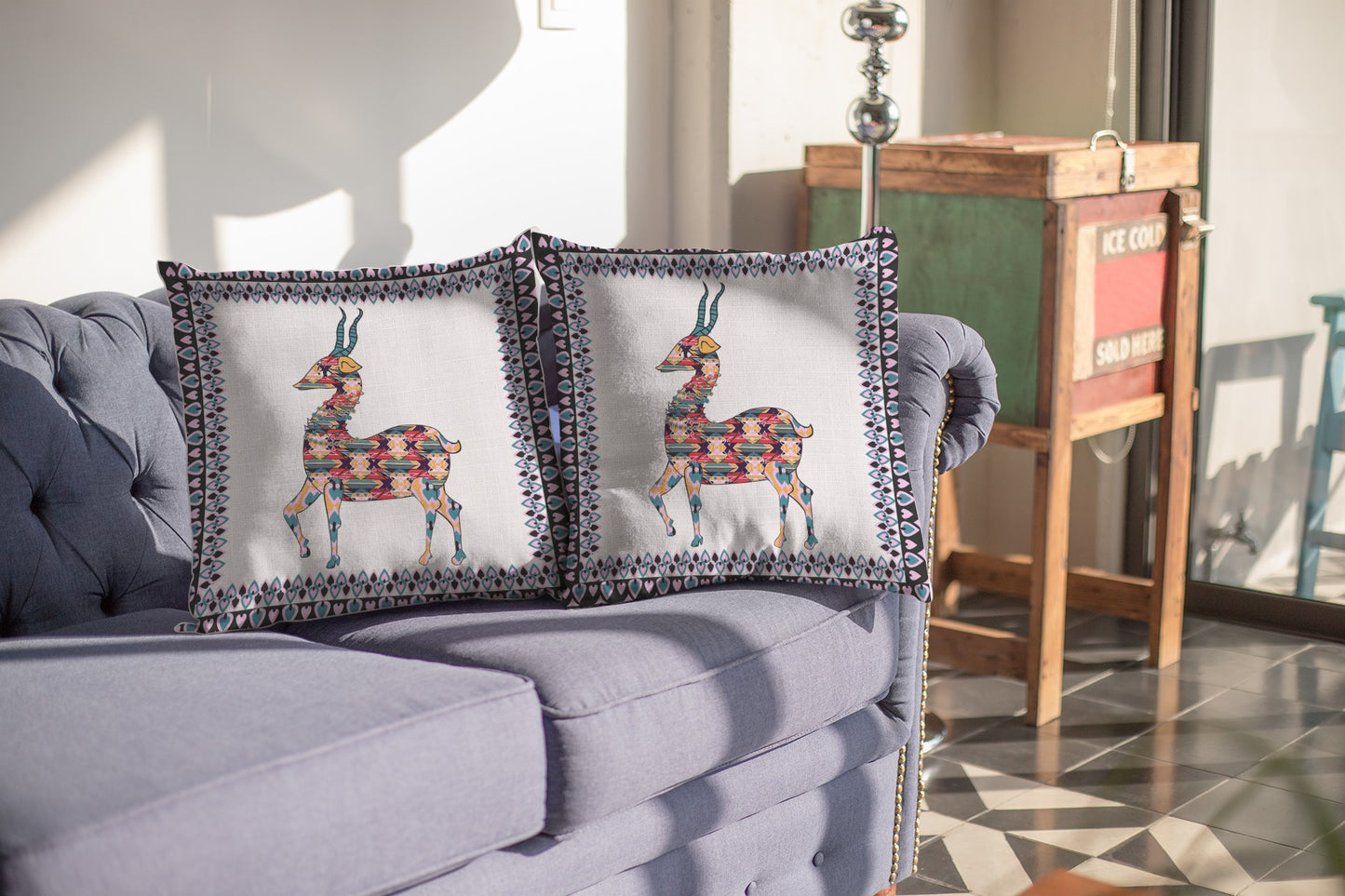 Blue White Boho Deer Suede Pillow