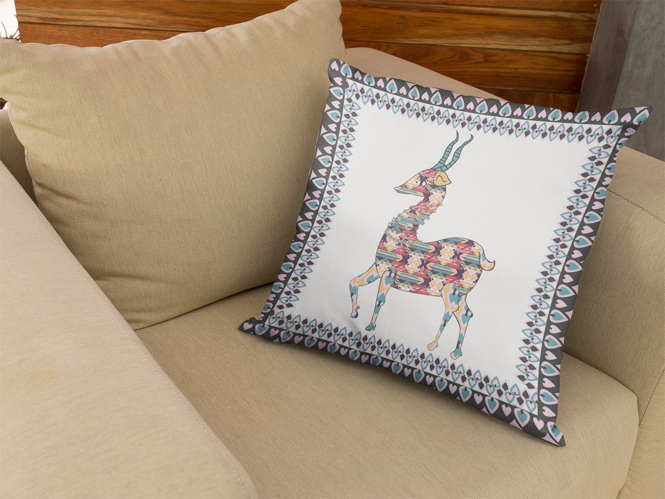 Blue White Boho Deer Suede Pillow