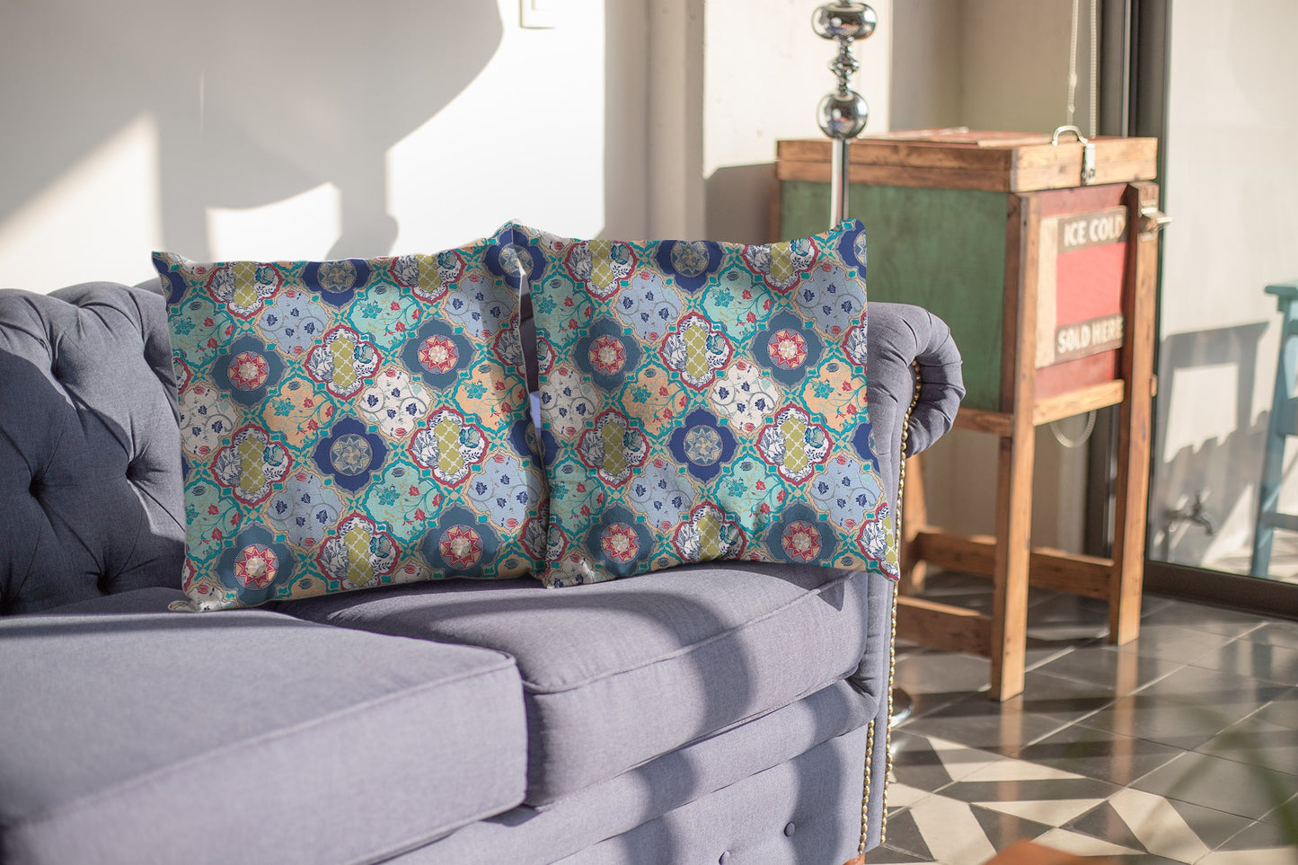 Blue Peach Trellis Suede Pillow