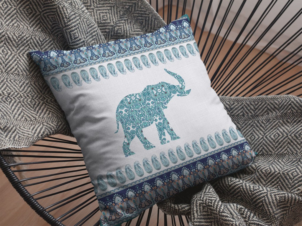 Teal Ornate Elephant Suede Pillow