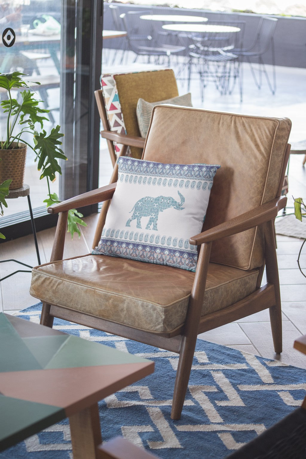 Teal Ornate Elephant Suede Pillow