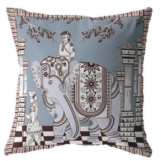 Blue Brown Ornate Elephant Suede Pillow