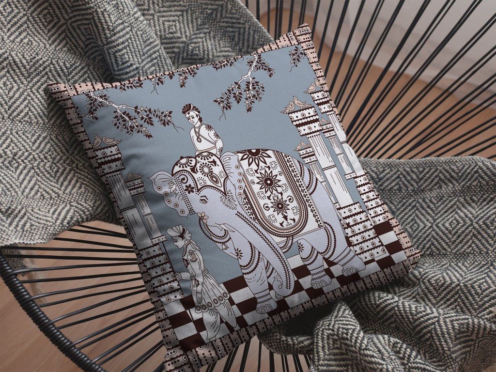 Blue Brown Ornate Elephant Suede Pillow